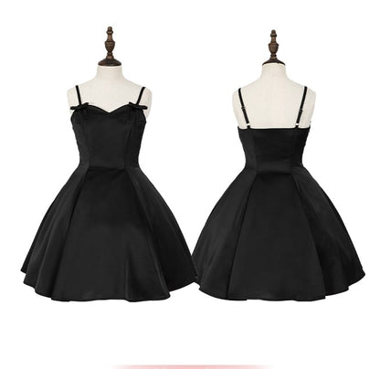 Schwarze Taille Spaghetti Schmale Träger Kleid Fit Elegant