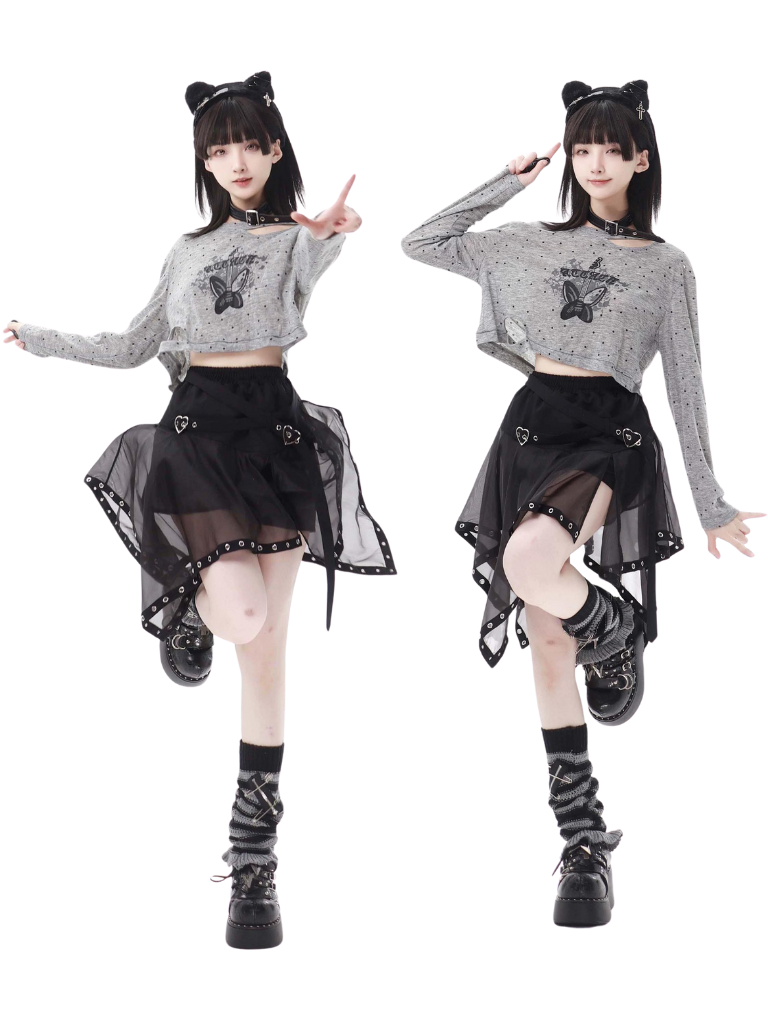 プリントサマーショートスカート イレギュラープルオーバー パンクハイドチュールバタフライ+ニット