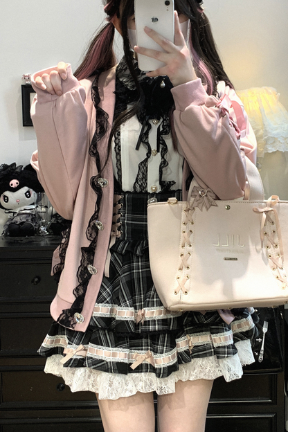 Strickjacke mit Spitzenschleife und losem Band