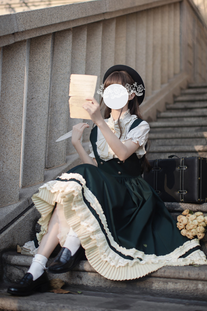 スカートベスト、ビッグシャツ、カレッジブローチ、ウエスタンリボン、パフスリーブ