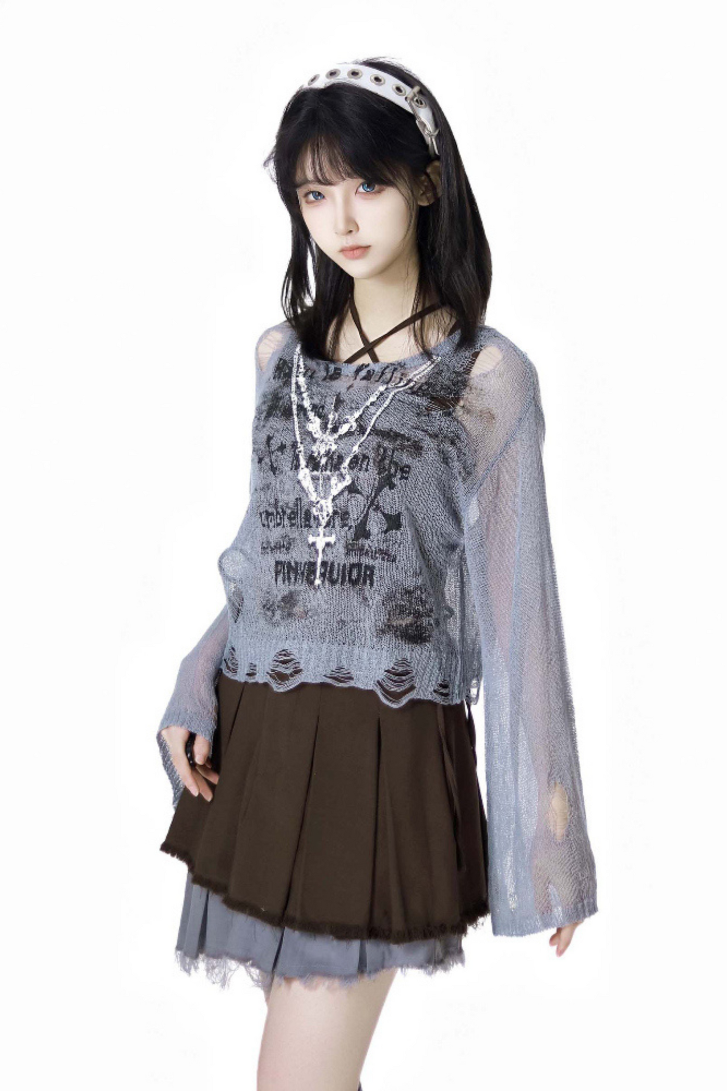 スカート + ブルーのビスチェトップ、ダークチェック、Y2K、アシンメトリー