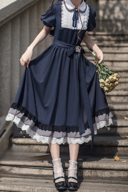 Kleid Marineblau Brosche Elegant Retro Blau + Band Schlank