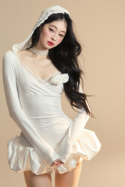 Ballon-Kurzes Spitzenkleid mit Kapuze und Ballettkern