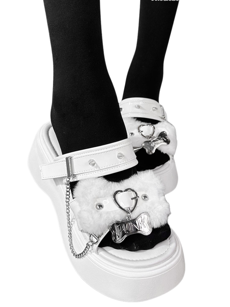 Rivet Sandal Chain Flat Platform Punk Fur