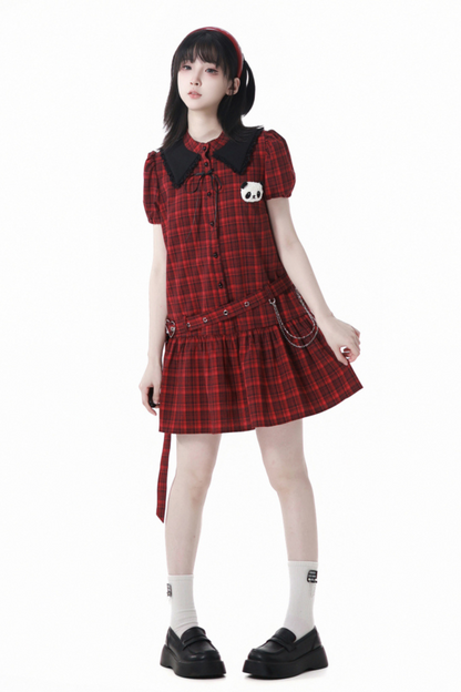 Comic Crop Top Rock Kleid Plissee Love Check Panda +