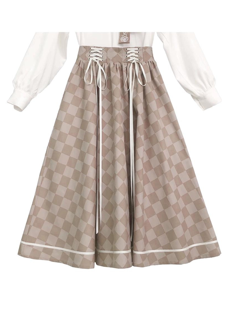 Kurzer Rockanzug + Hemd mit Rosenkaromuster + Retro-Krawattenbrosche + Schleife, französische Jacke mit Schnürung