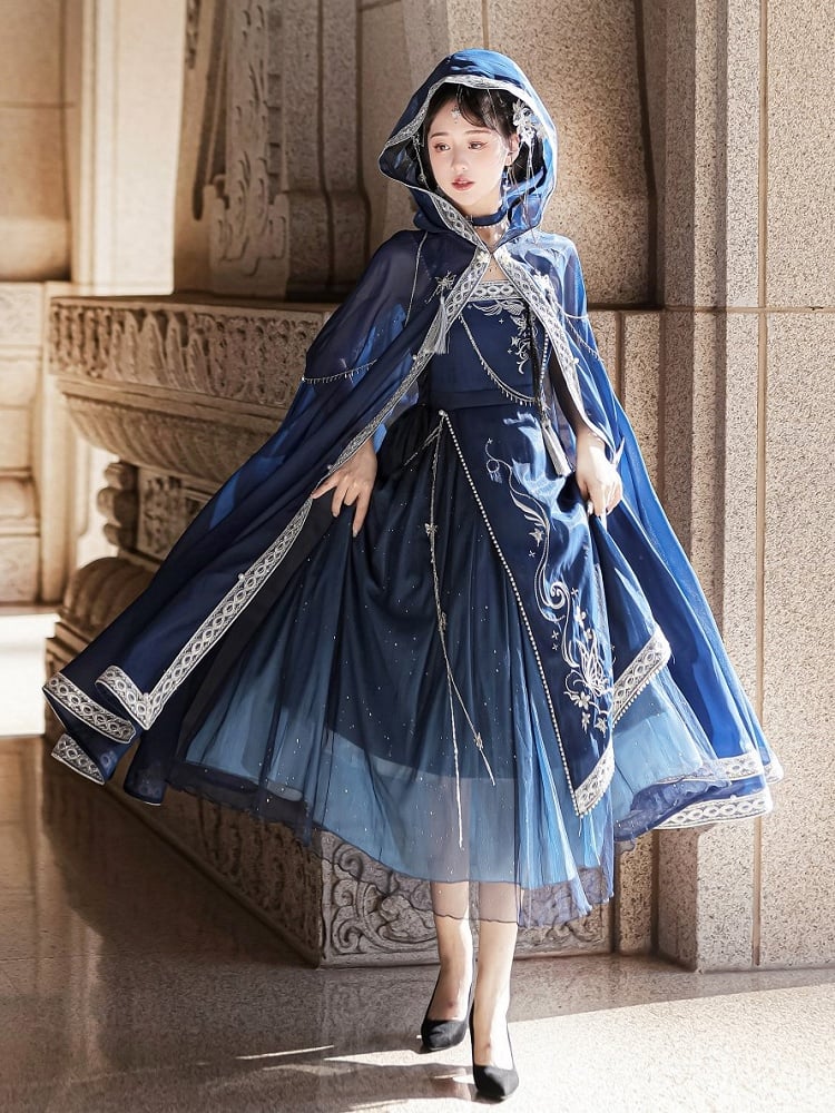 Long Night Dreamy Embroidery Chains Starry Set Blue Cloak with Butterfly + Dress Dark