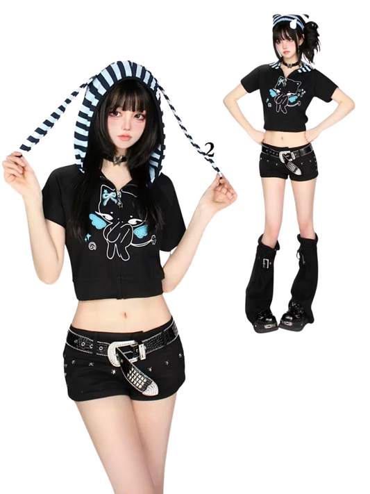 Bunny Print Short Angel Hoodie Zip Ears Cat T-Shirt