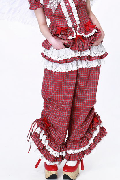 Lange Spitzenhose Retro Rüschen Karo