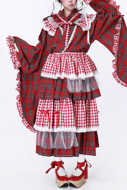 レッドシック着物レトロチェックスカート