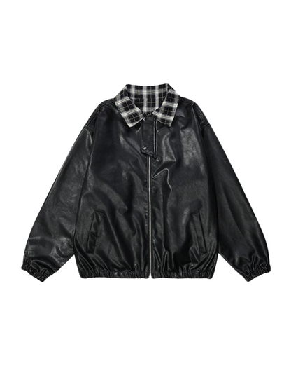 Kragen Check Retro Jacke Leder Lose Amerikanischen