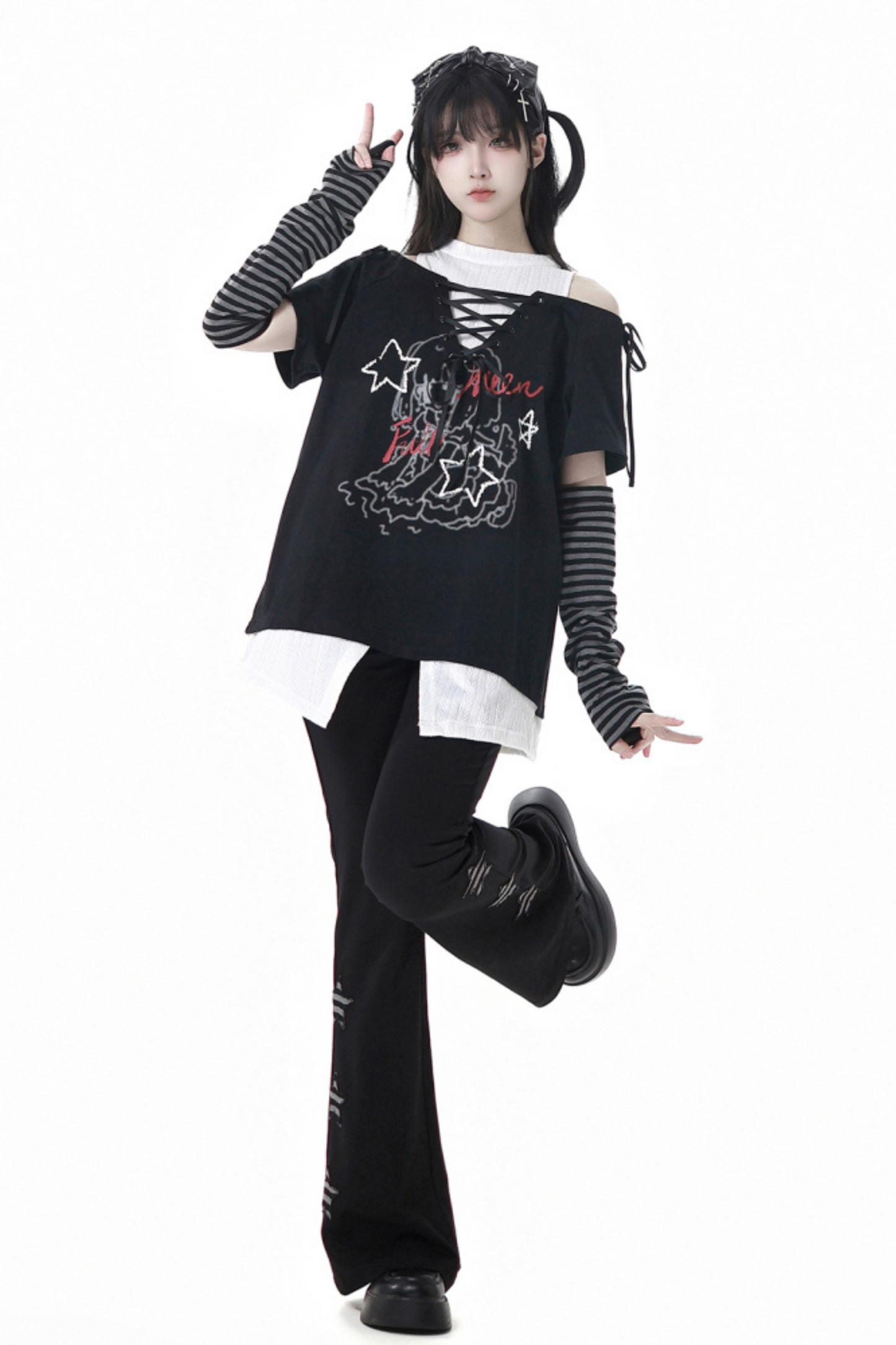 トップパンツイラスト + ガールサブカルチャーレースアップフレア