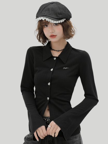 ニットベルブラックスリムポロカラーカーディガンスリーブレトロ