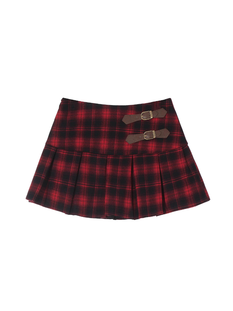 スカート パンク バックル チェック ダークレザー プリーツ