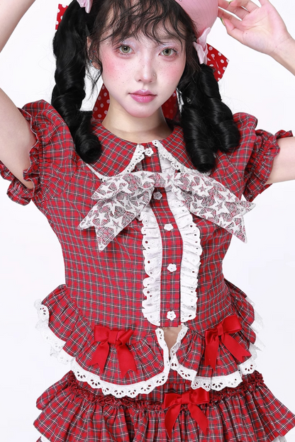 レトロトップスリーブチェックパフ