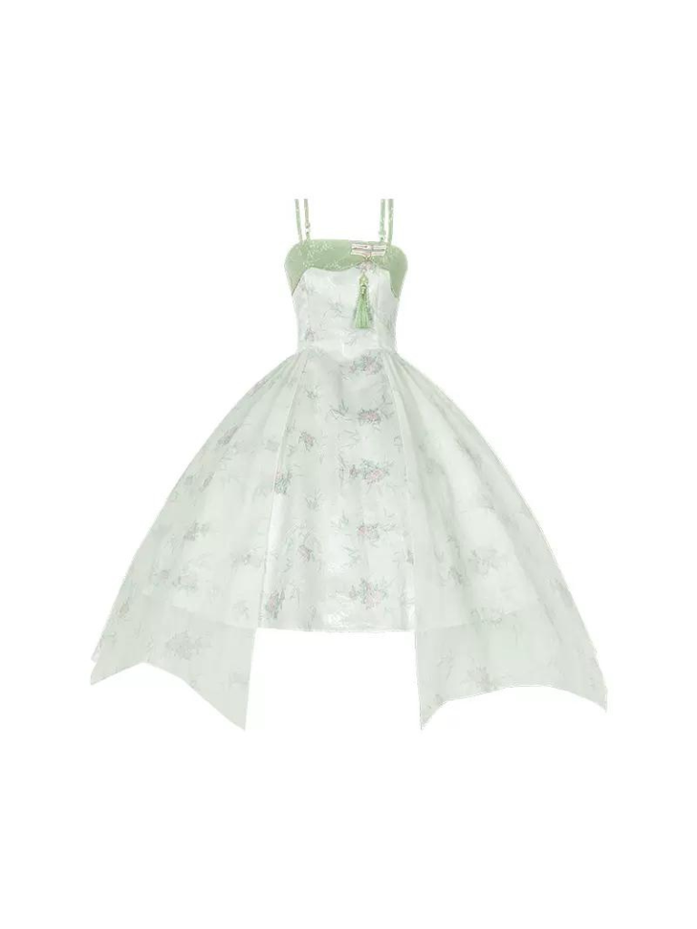 Kleid China Print Bambus Vorbestellung Blumen Blumen Hosenträger