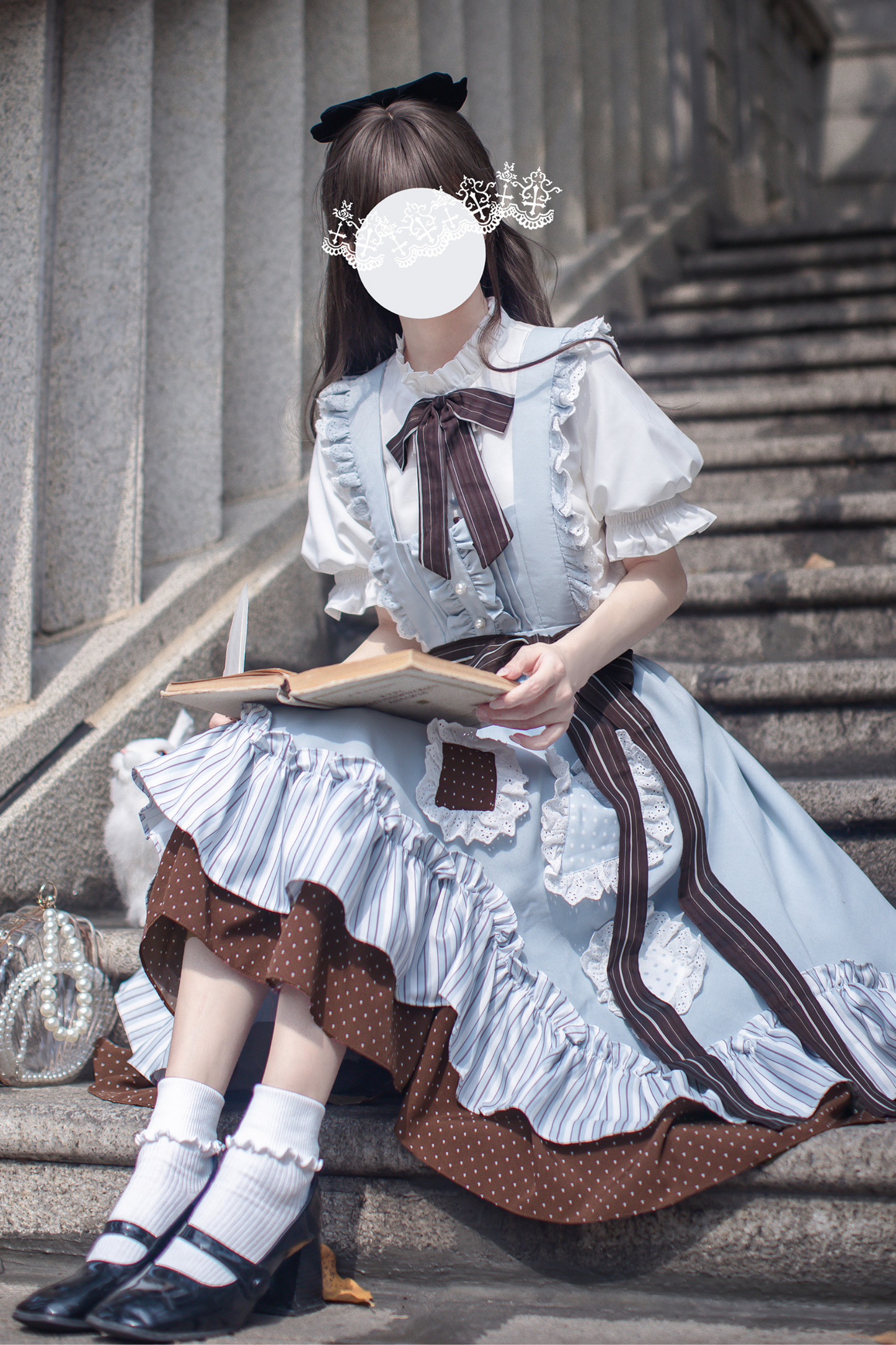 リボンシャツ レトロなヘアゴム ご予約＋ブローチ アリス風クリップスカート サスペンダー