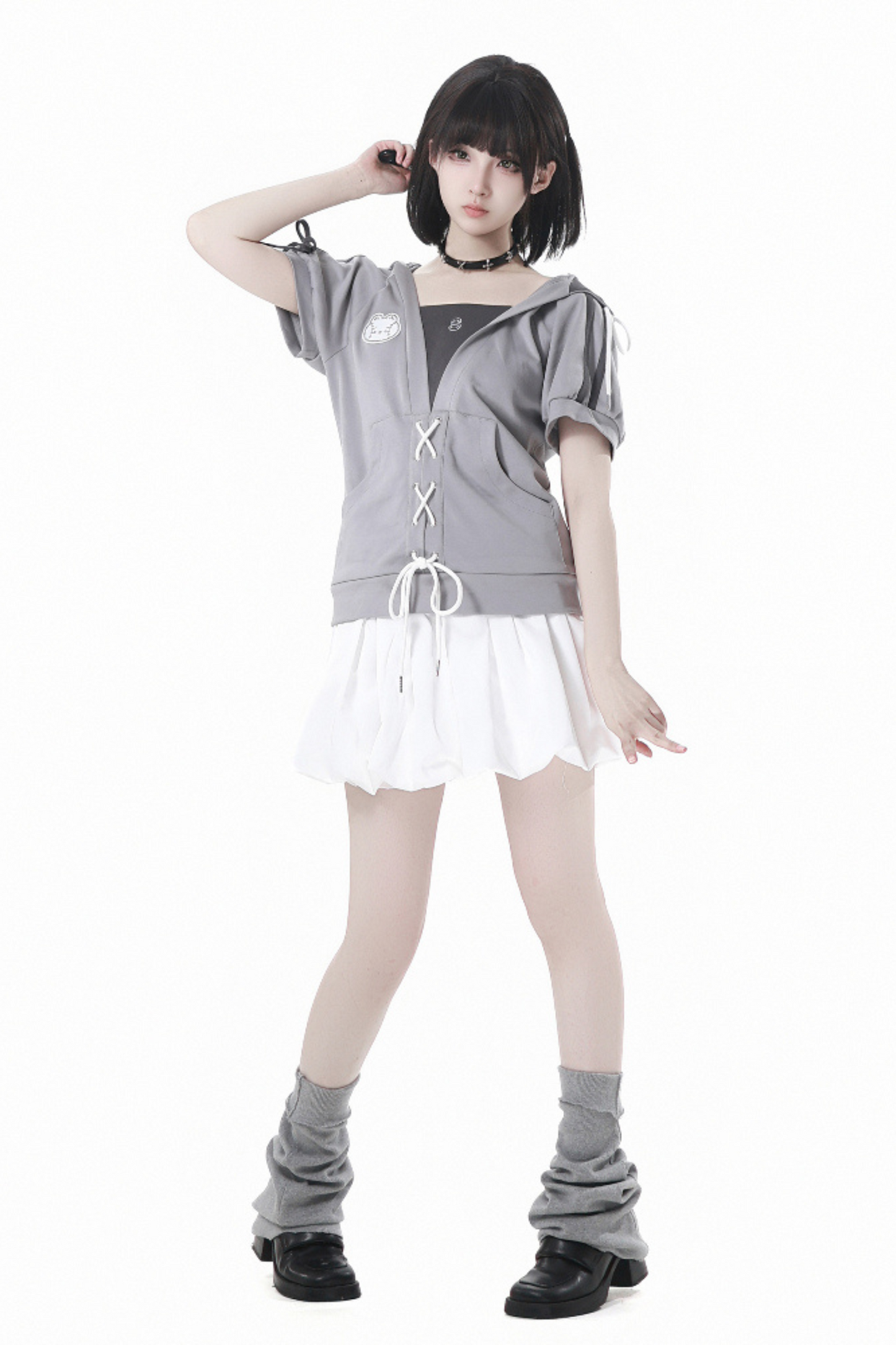フード付きスカート レースアップトップス + ゆったりTシャツバルーン