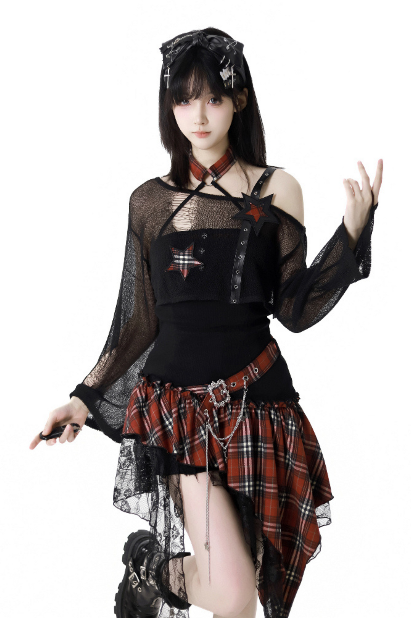 シックなショルダーロックショートワンピース+ショートパンツトップチェック