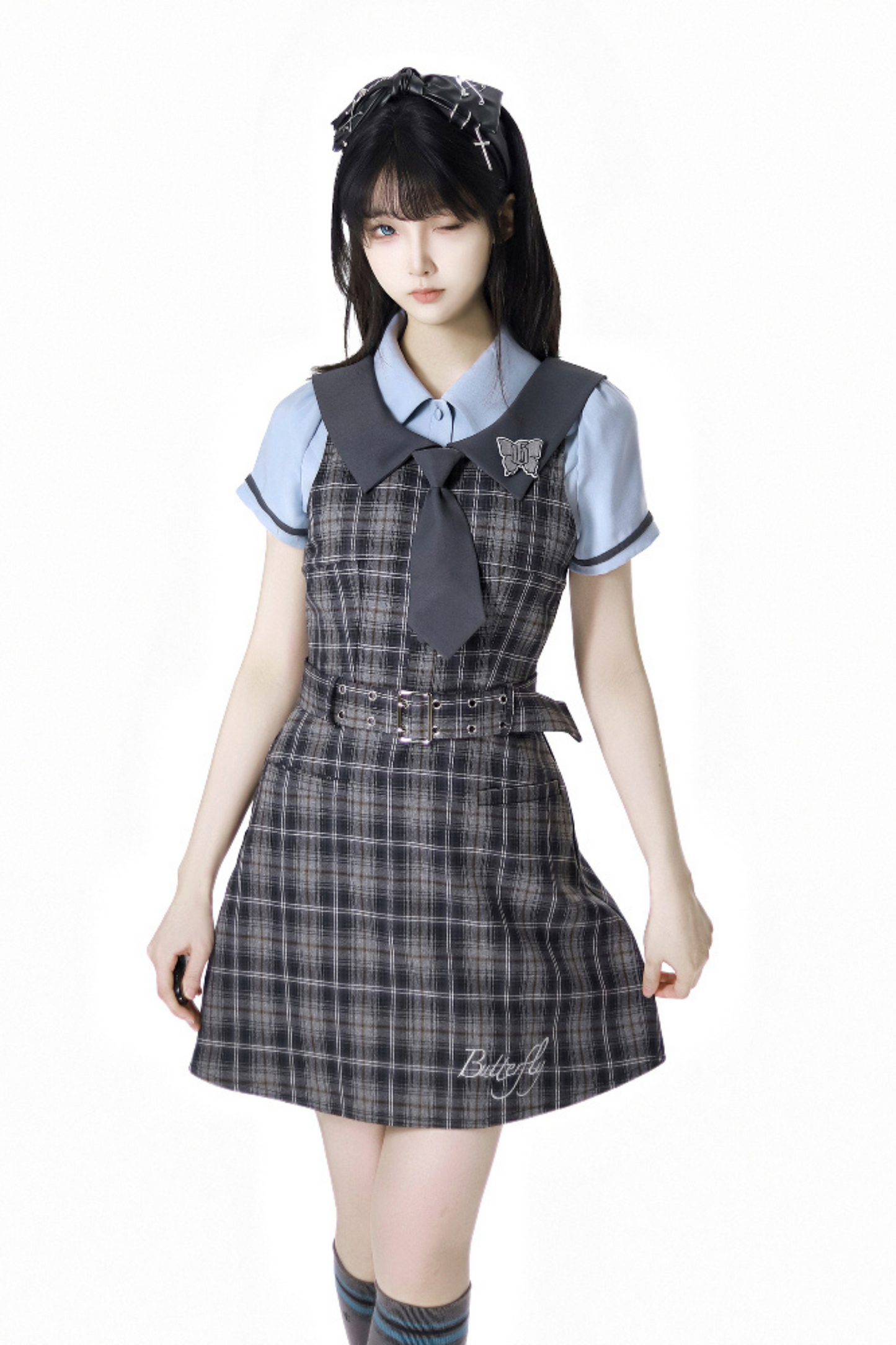 + カレッジショートサスペンダードレス、Bシャツスカート