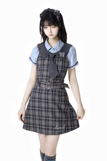 + カレッジショートサスペンダードレス、Bシャツスカート