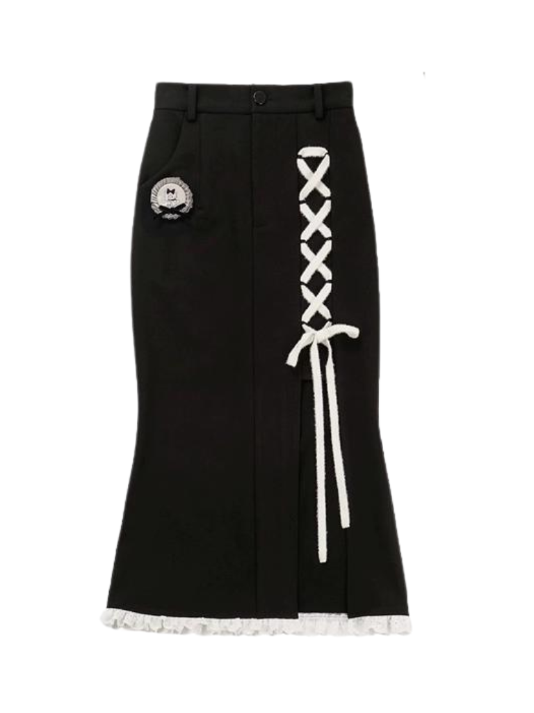 ラビットファーカラーパールバックルフリルショートカーディガン+マーメイドスリットスカート