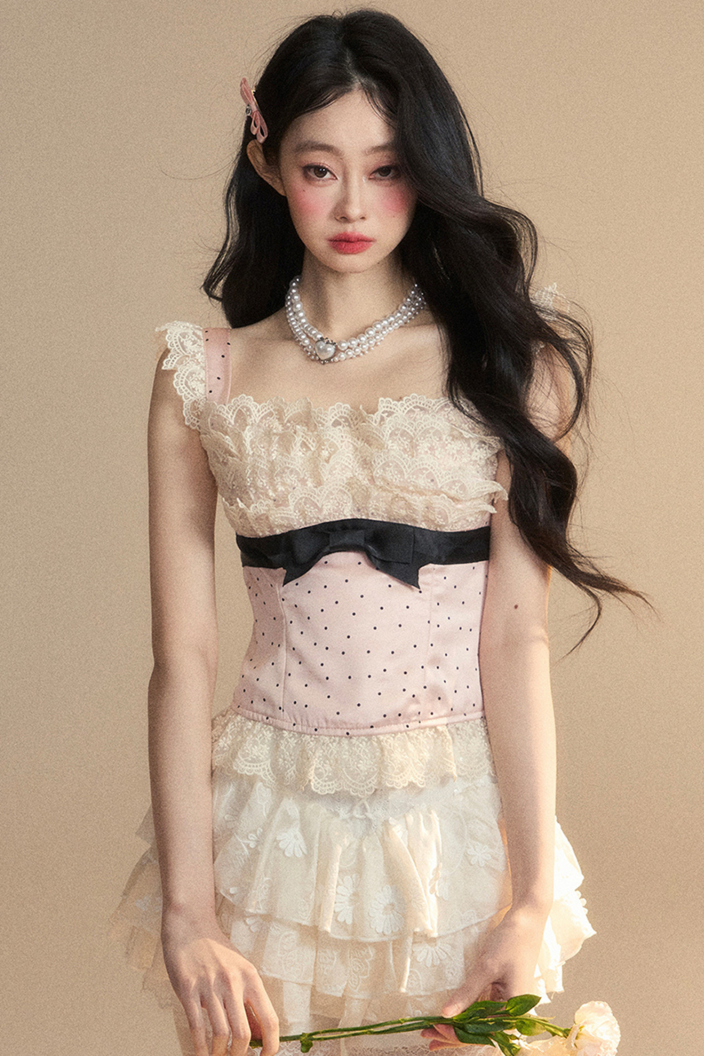 予約 トップス タイト ノースリーブ レース ドット ガーリー