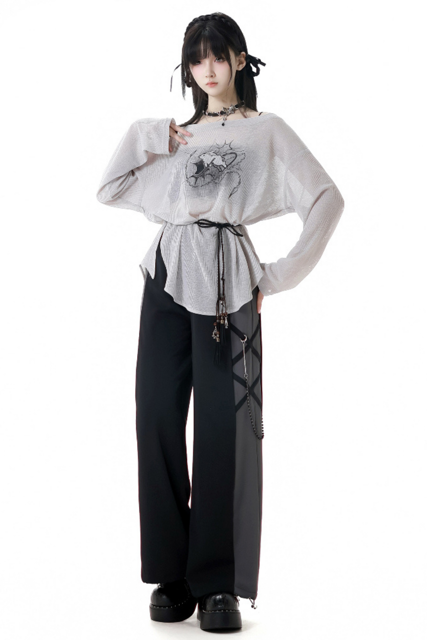 モードなトップスTシャツパンツワイド+デザインレースアップウエスト