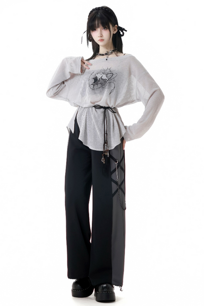 モードなトップスTシャツパンツワイド+デザインレースアップウエスト
