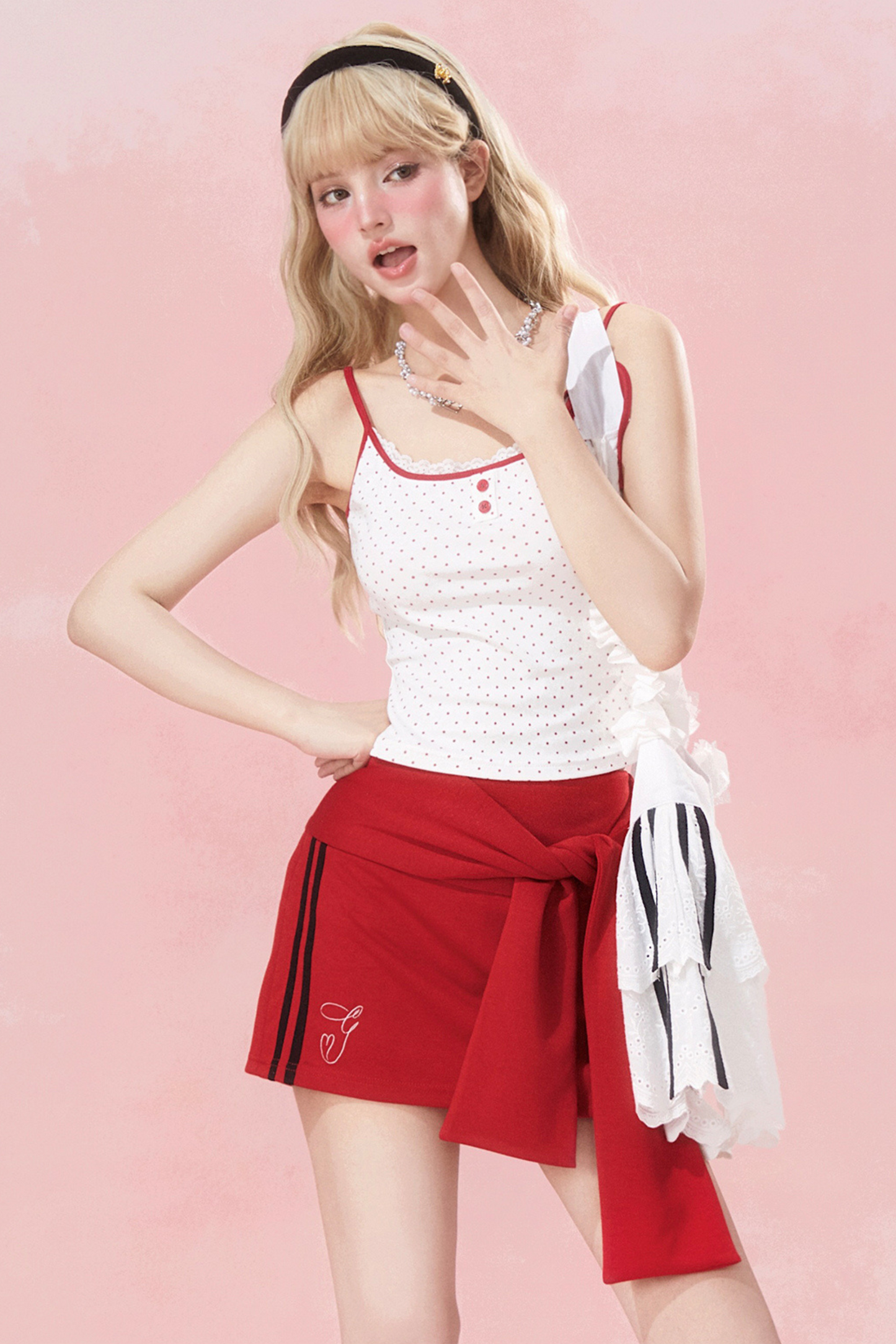 リボンスリムキャミソールドット+スカート