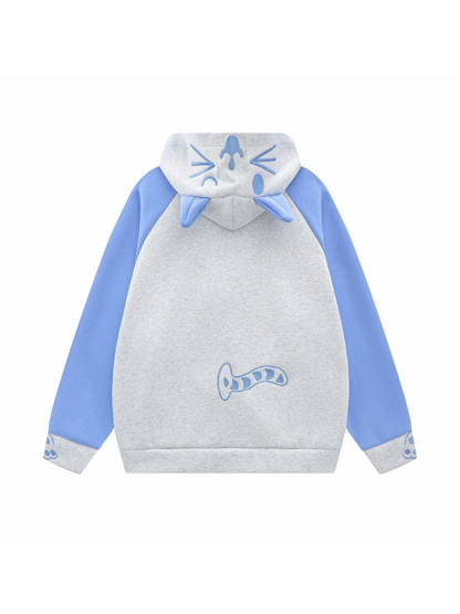 Collar Hood Hoodie Contrast Button Cat Ear Zip Horn