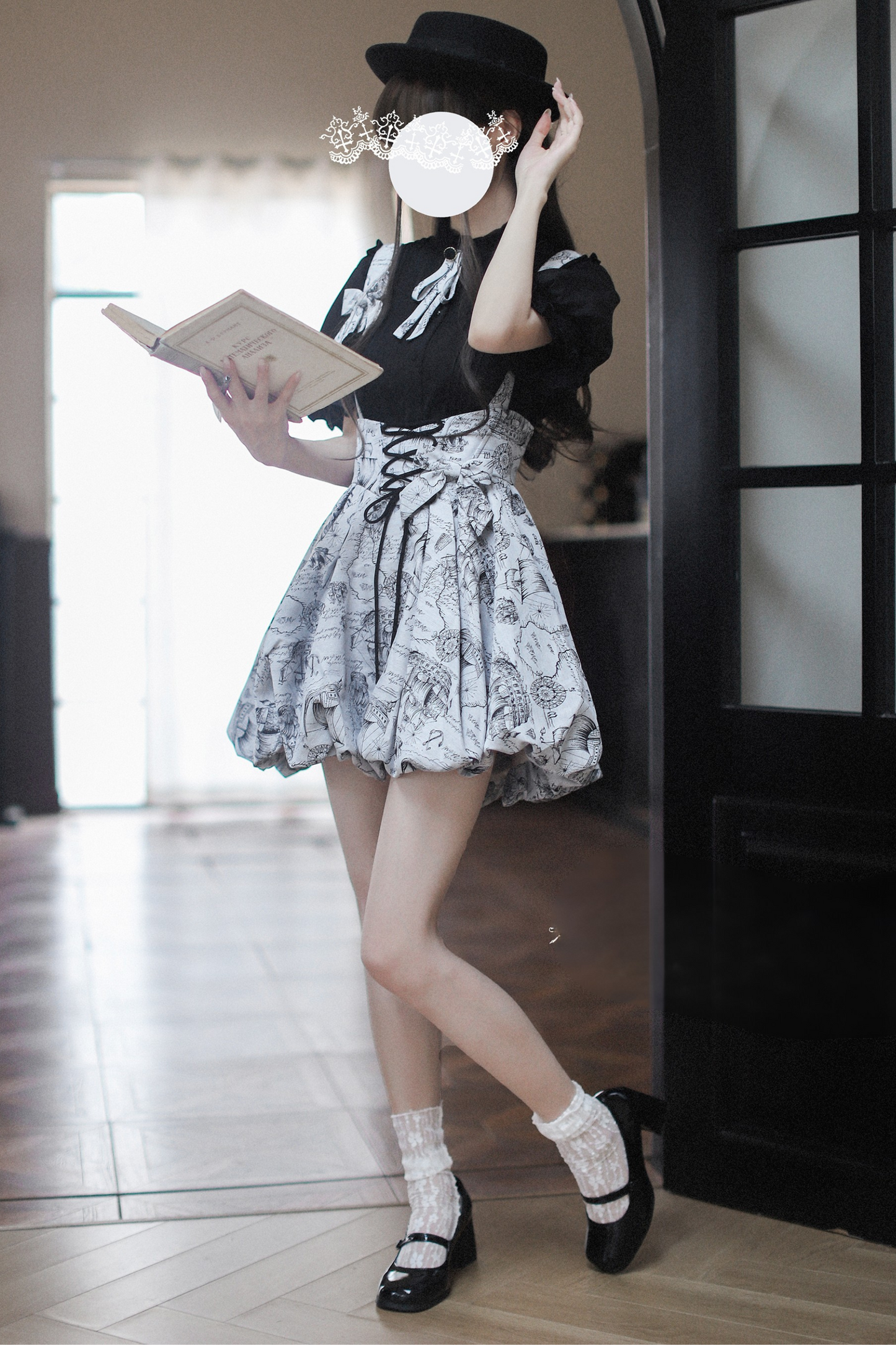Retro Bow Ribbon Item Suspender Shirt Reserved + Tie Skirt