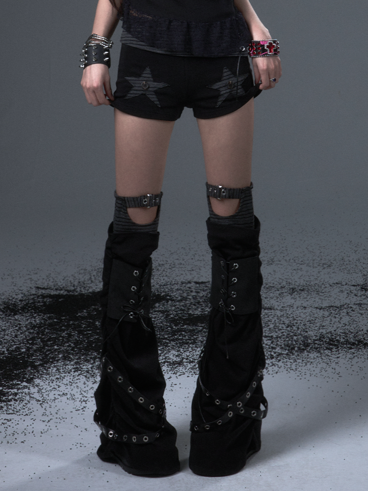 Schwarze Beinwärmer mit Schnürung, Punk, mit Metallstrick