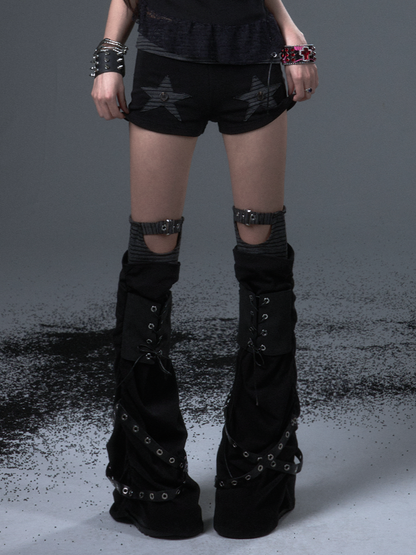 Schwarze Beinwärmer mit Schnürung, Punk, mit Metallstrick