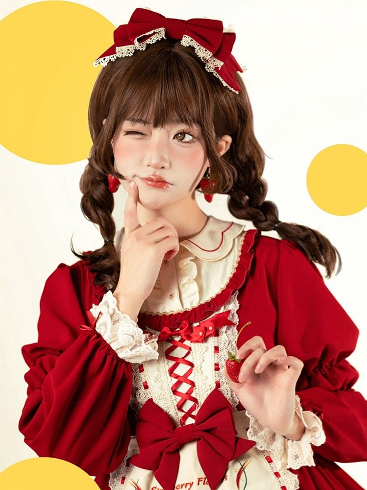 with Long-sleeved and Sweet Hem Red Apron Ruffle Beige Strawberry Embroidered Lolita Dress