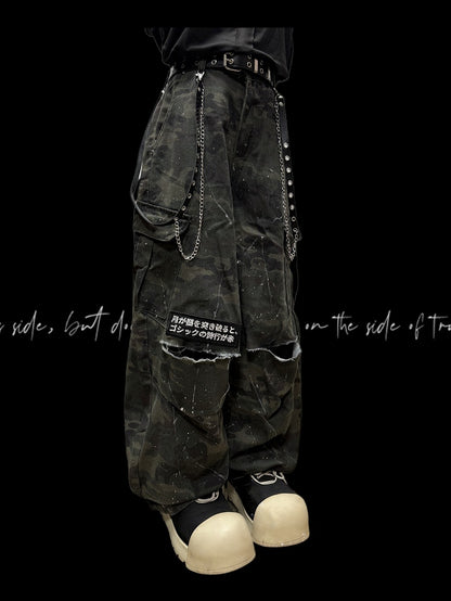 Wide-Leg Cargo Army Green Pattern Pants Camo