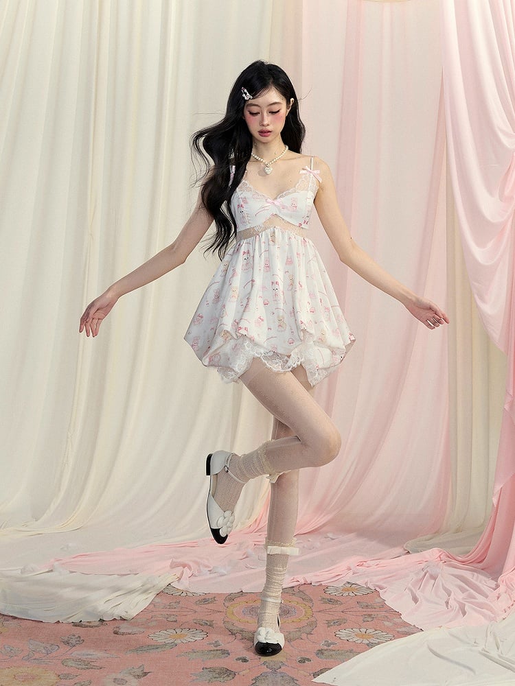 White Cutout Slip Dress Skirt Cute Animal Bubble Print Mini Midriff