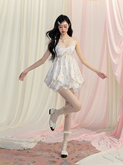 White Cutout Slip Dress Skirt Cute Animal Bubble Print Mini Midriff