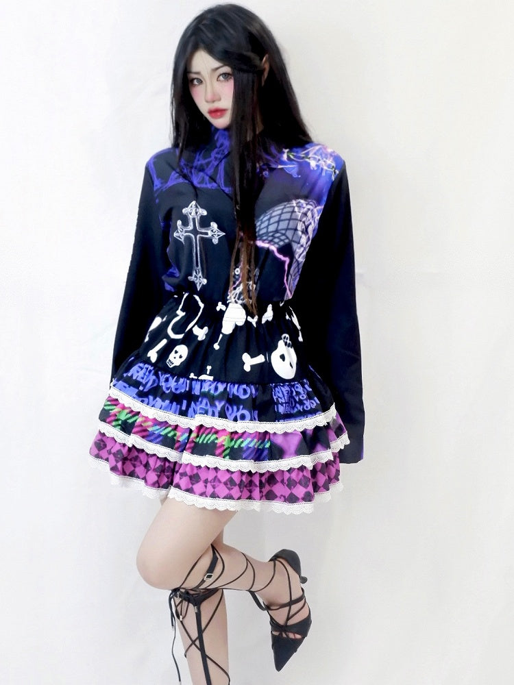 レッドダイヤモンドハート柄プリントY2Kスケルトンスカートローズボーンティアード