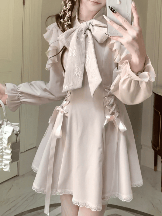 - Tie and Beige Polished Refined Neck Bow Ojou-sama Dress Shoulders Jirai Style Lace with Cutout Kei