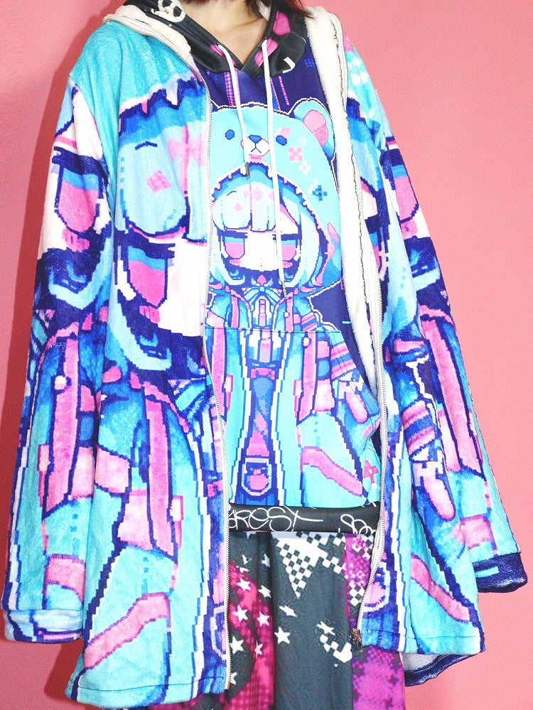 Bear Print Blue Y2K Cartoon Jacket Blueberry Hooded