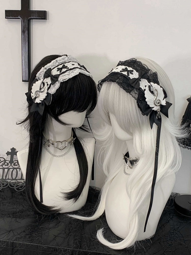 Hairband Black/White Note Bow with Musical Delicate Lace