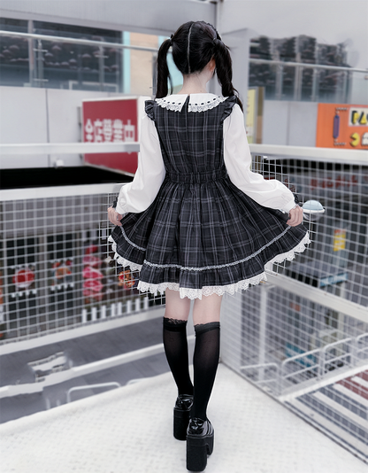 Waist Bow Jirai Dress: Pan Peter Gray Big with Academia Vintage Kei Collar Plaid