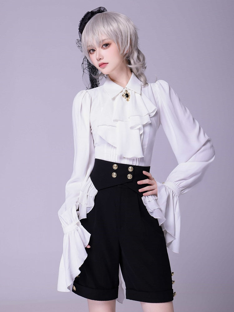 White Pleated Ruffle Shirt with Jabot Tie - DevilInspired Exclusive Collection