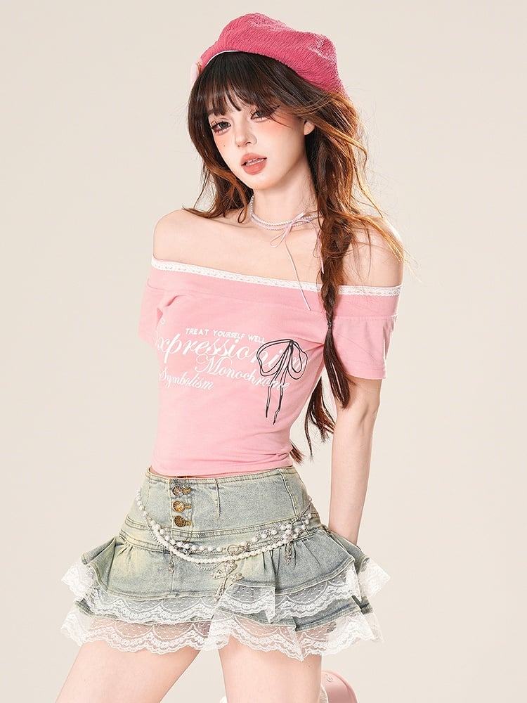 レースファッションブラック/ホワイト/ピンクのギャルTシャツネックライントリムオフショルダーグラマラス