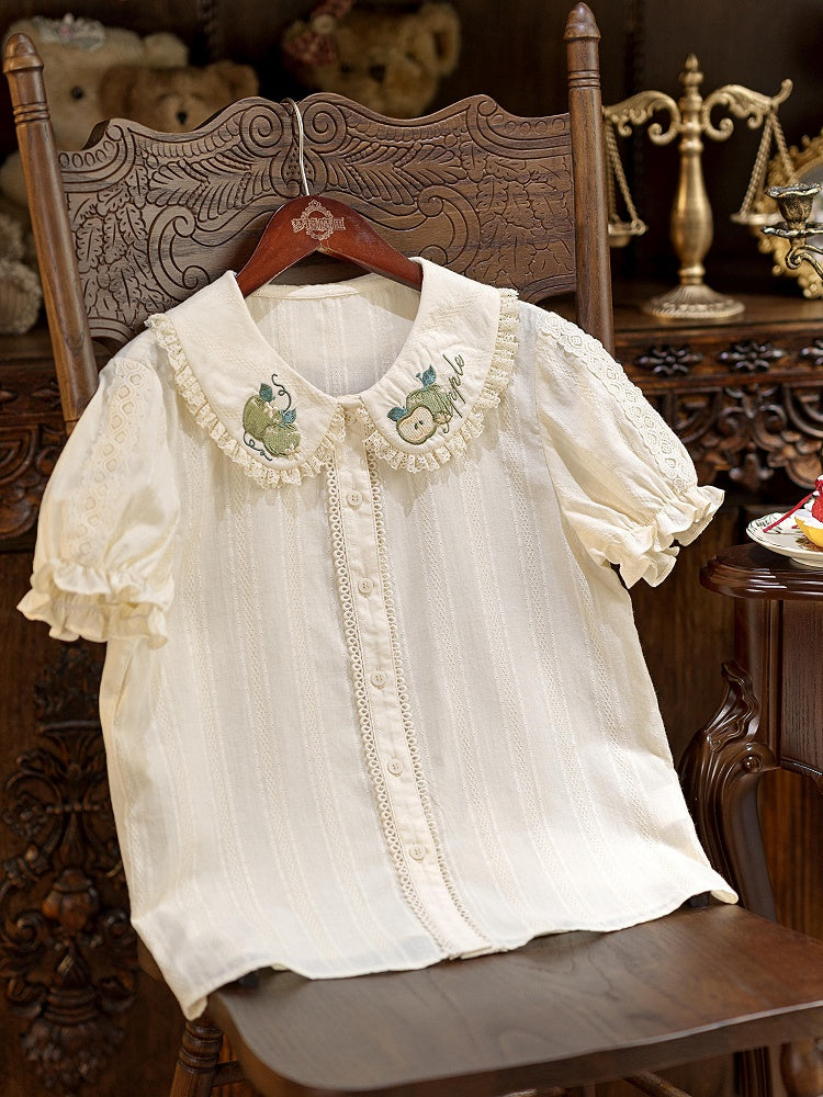 Green Apple Embroidery Collar Cream Short Sleeve Top - Dream Magic Box