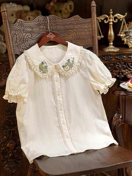 Green Apple Embroidery Collar Cream Short Sleeve Top - Dream Magic Box