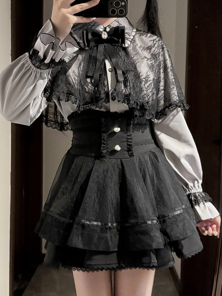 Skirt Kei High-Waist Tiered Heart-Shaped Accents Black Button with Jirai
