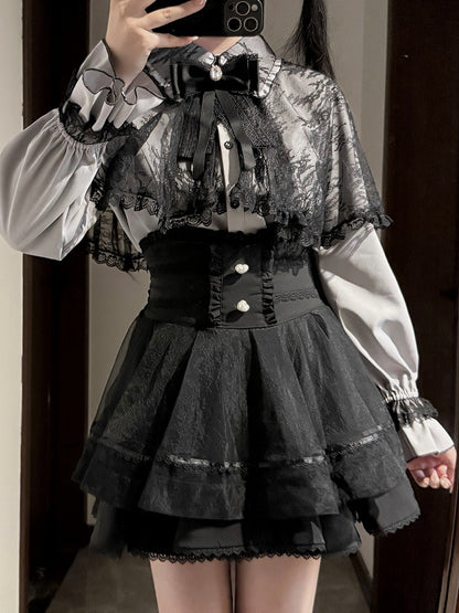 Skirt Kei High-Waist Tiered Heart-Shaped Accents Black Button with Jirai