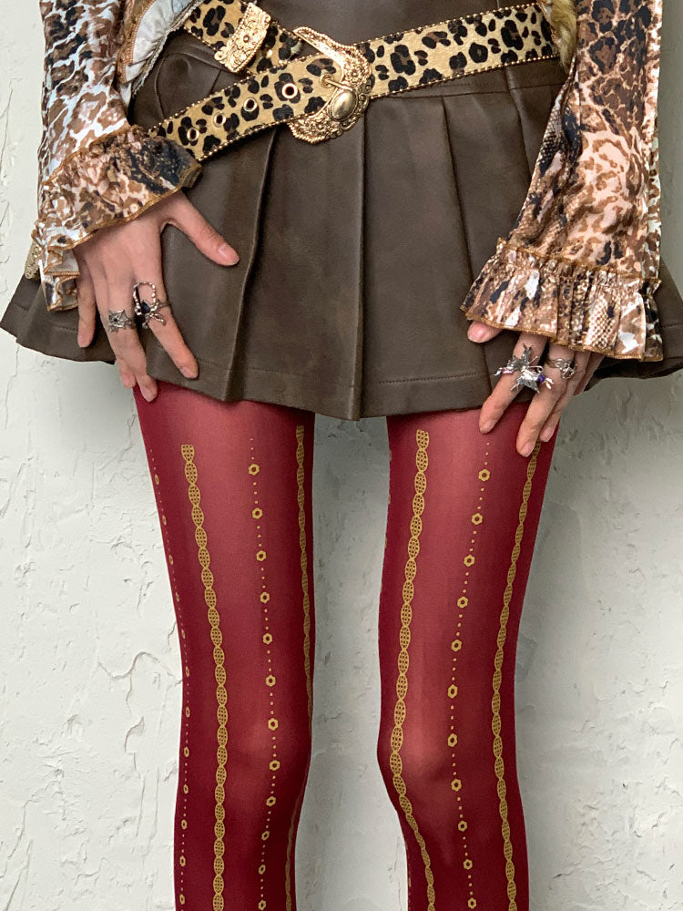 Y2K Wine Red Print Design Tights